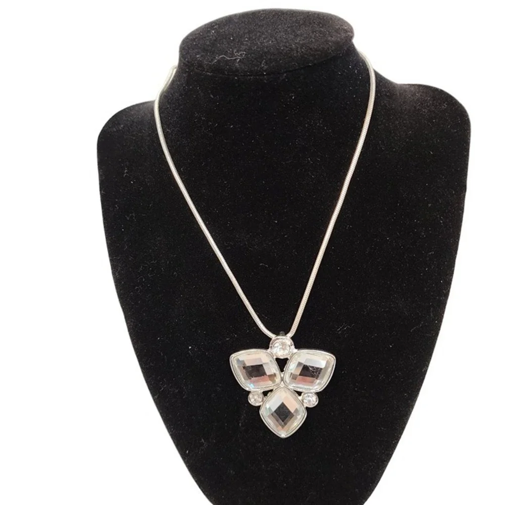 Kim‎ Rogers Silver Pendant Necklace Four Clear Stone Accents NWT